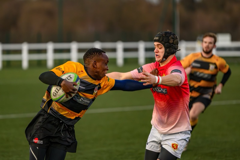 A rugby player in a yellow and black jersey holding a rugby ball is tackled by a player in a red jersey and a black helmet. A referee or another player in a yellow and black jersey stands in the background.