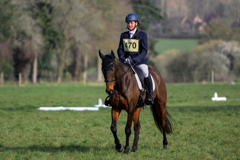 Young woman in formal riding attire, including a navy jacket, white breeches, and a helmet, riding a brown horse with a black mane outdoors on a grassy area during a horse riding competition