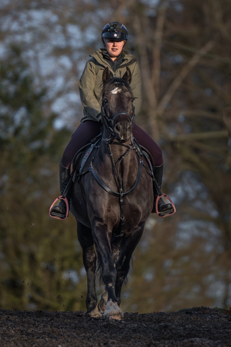 A person riding a black horse outdoors, wearing a black helmet with a camera, a green jacket, and black pants, with trees in the background.