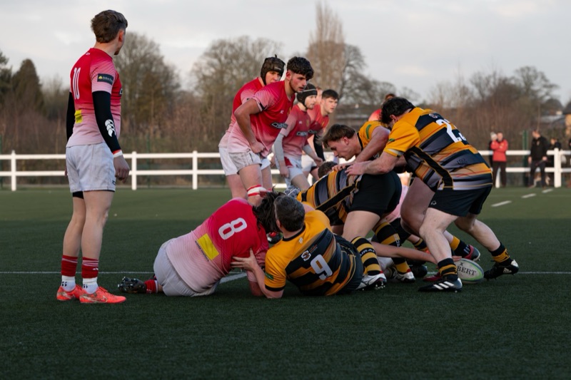 Rugby players in a scrum on a field, with one team in red jerseys and the other in yellow and black striped jerseys, during a match outdoors.