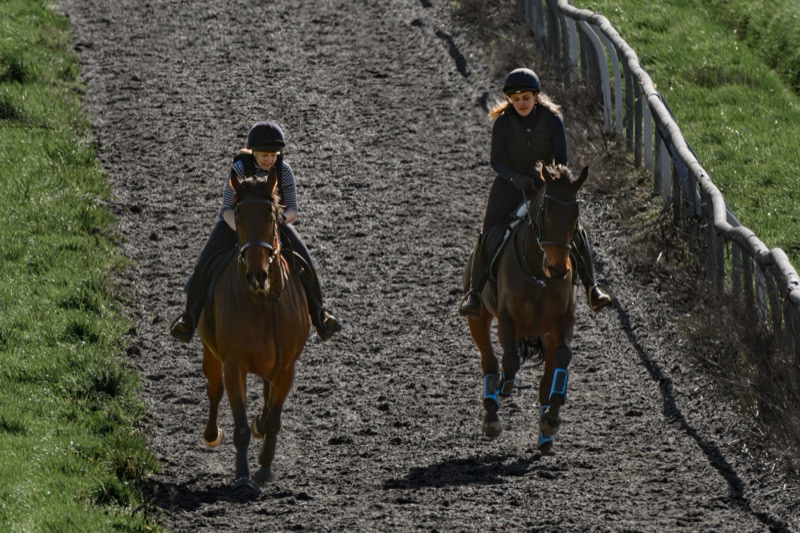 Two women riding horses on a dirt track, wearing helmets and riding gear, with green grass on either side.