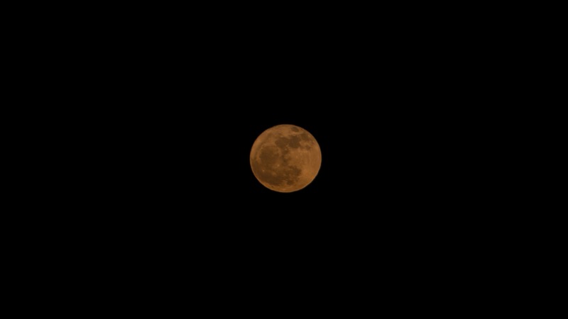Full moon glowing orange against a black night sky