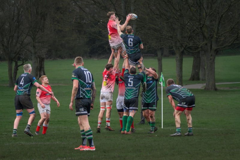 Rugby players competing for the ball during a lineout on a grassy field with trees in the background.