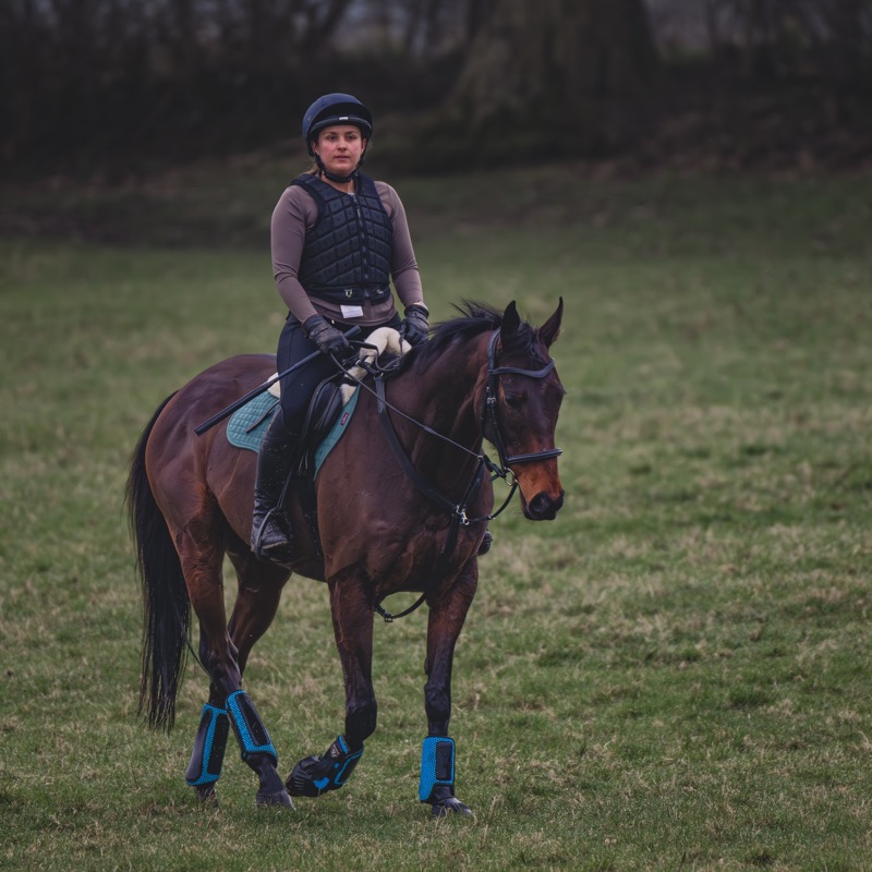 A woman riding a horse in an open grassy field, wearing a helmet, riding vest, and riding gear. Trees are visible in the background.
