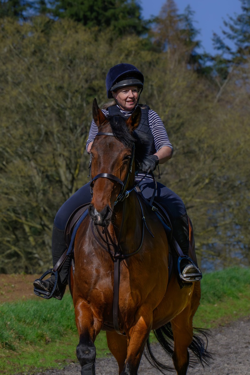 A woman riding a brown horse outdoors, wearing a safety helmet, striped shirt, and black riding gear, with trees and greenery in the background.