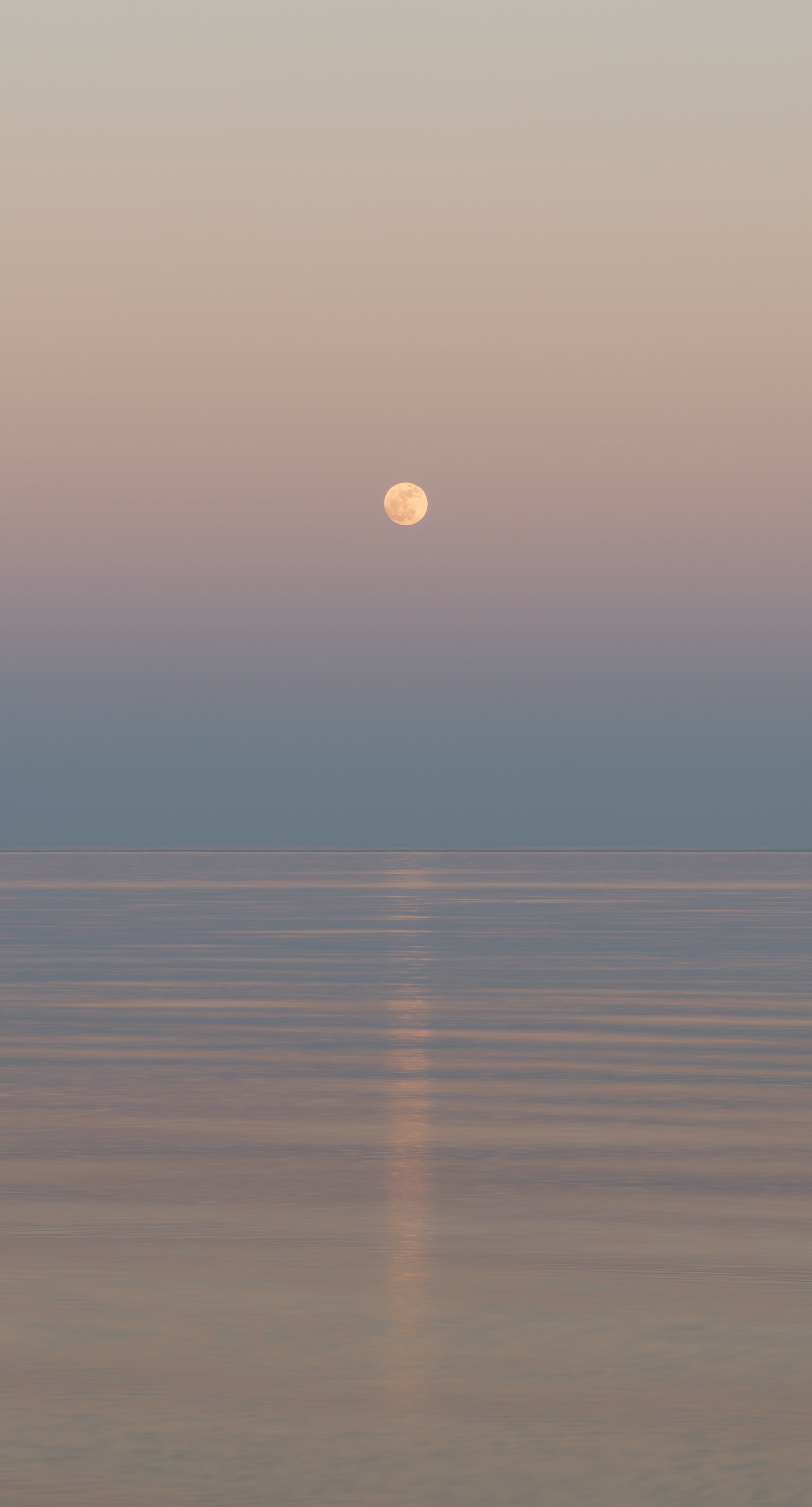 Full moon over calm ocean at dusk with pastel sky.