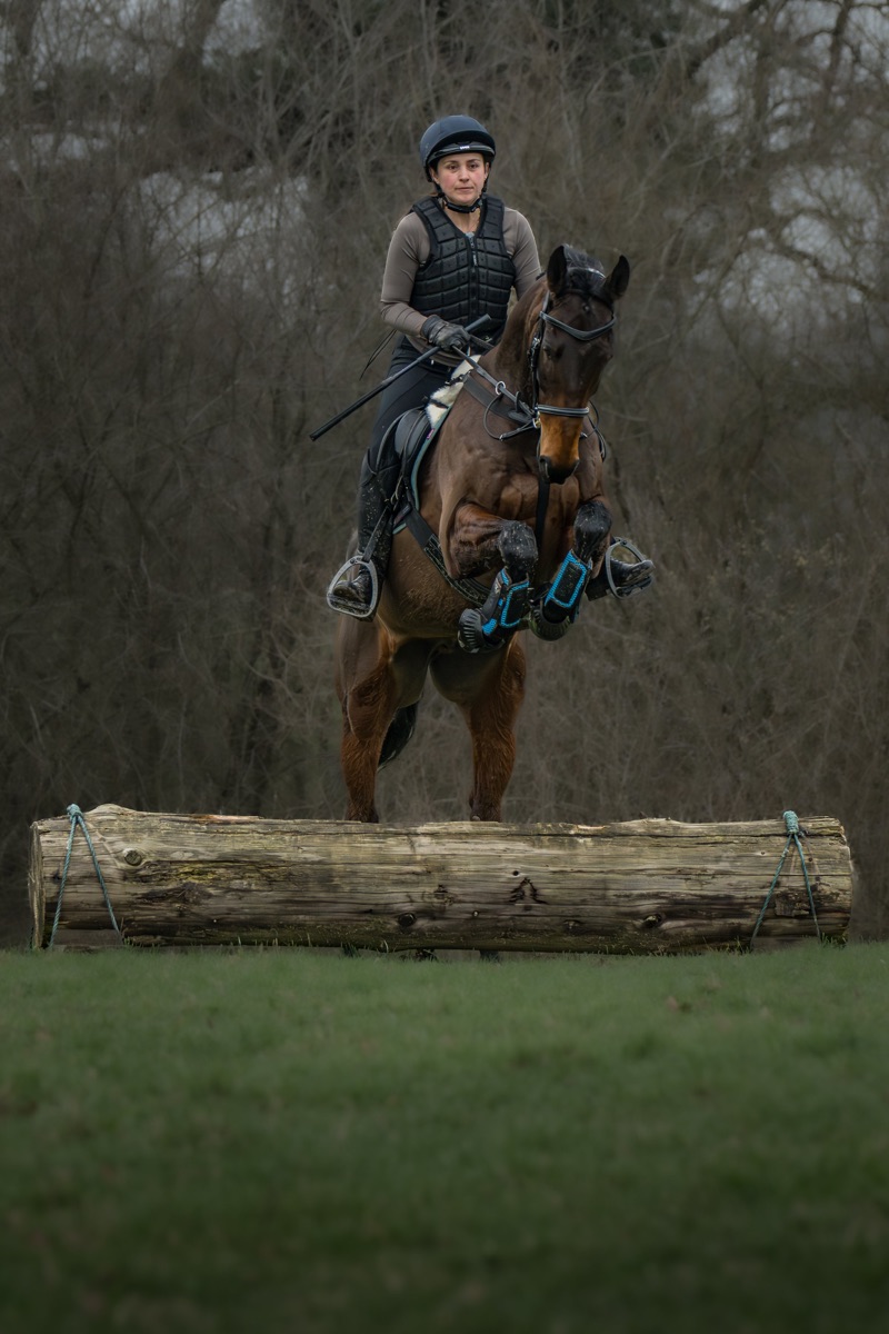 A woman in riding gear, including a helmet and vest, riding a brown horse over a wooden obstacle during an equestrian event.