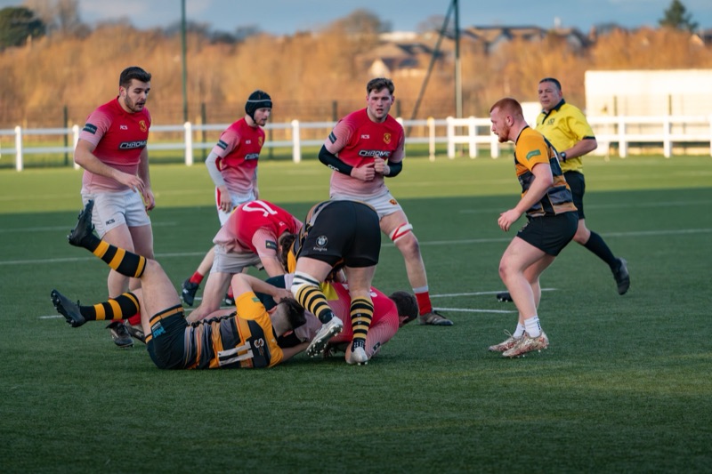 Rugby players in red and black uniforms competing for the ball during a match on a green field, with a referee observing in the background and trees in the distance.