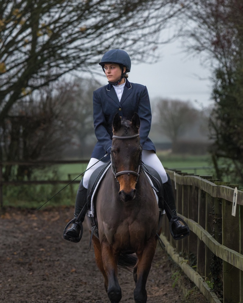 A woman riding a horse on a dirt path in a park with leafless trees in the background.