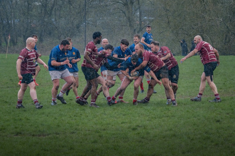 Rugby players in maroon and blue jerseys engage in a scrimmage on a rainy field with trees in the background.