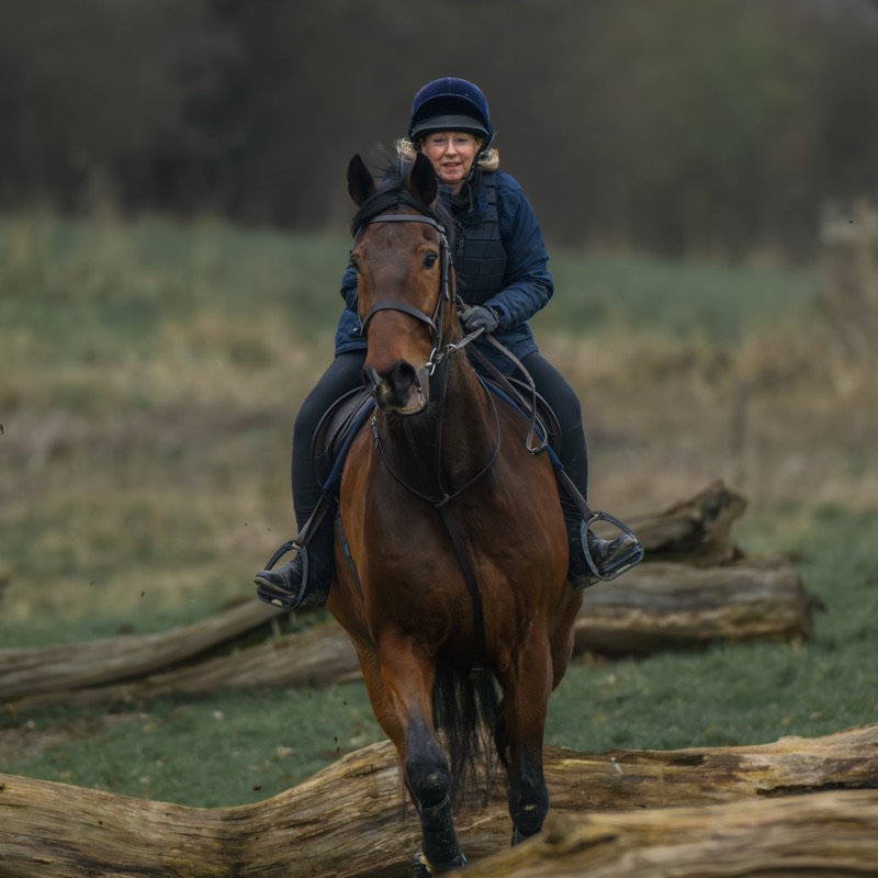 Woman riding a brown horse over a fallen log in a natural setting. She is wearing a helmet and blue jacket, smiling while looking forward.