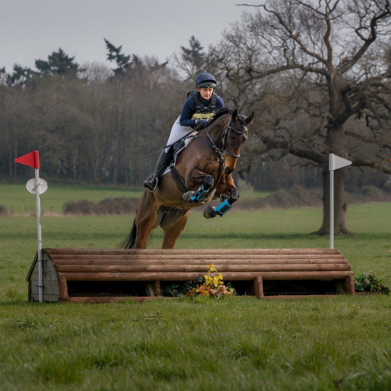 A person riding a horse over an obstacle during an equestrian event in a grassy field with trees in the background.