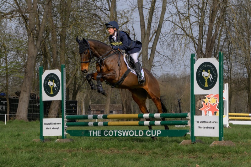 A person wearing equestrian gear riding a brown horse jumps over an obstacle at a horse jumping competition at The Cotswold Cup.