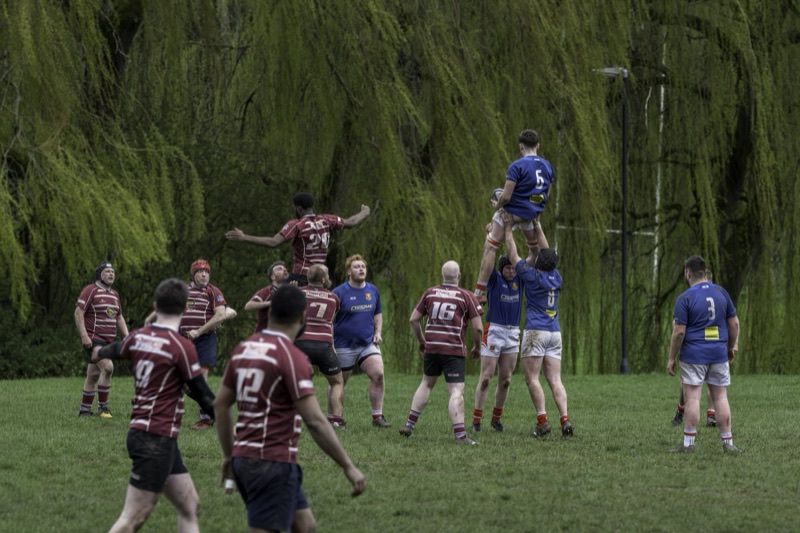 Rugby players in a lineout, with one player lifting a teammate to catch the ball during a match outdoors surrounded by green trees.